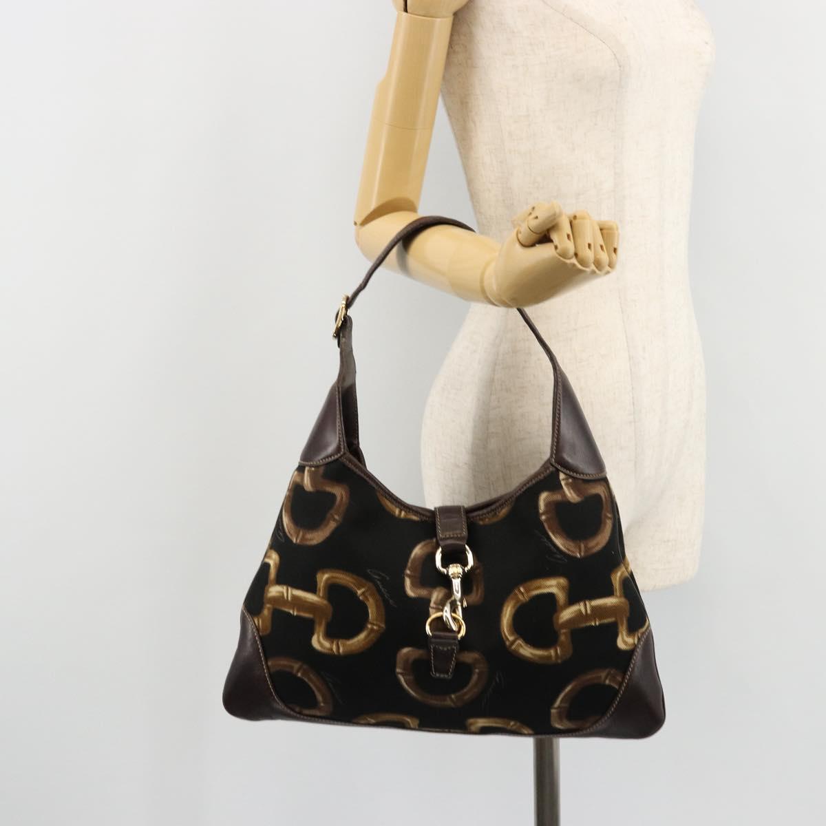 GUCCI Horsebit Jackie Shoulder Bag Canvas Black Gold 153029 Auth 178223A