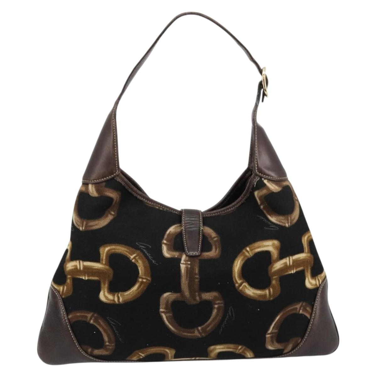 GUCCI Horsebit Jackie Shoulder Bag Canvas Black Gold 153029 Auth 178223A