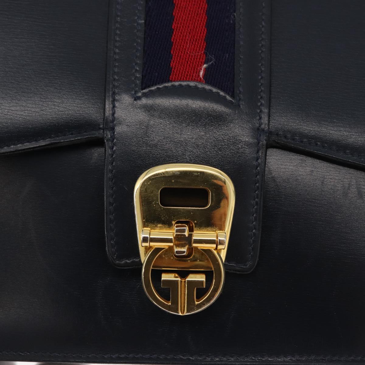 GUCCI Sherry Line Shoulder Bag Leather Navy Gold Auth 178242