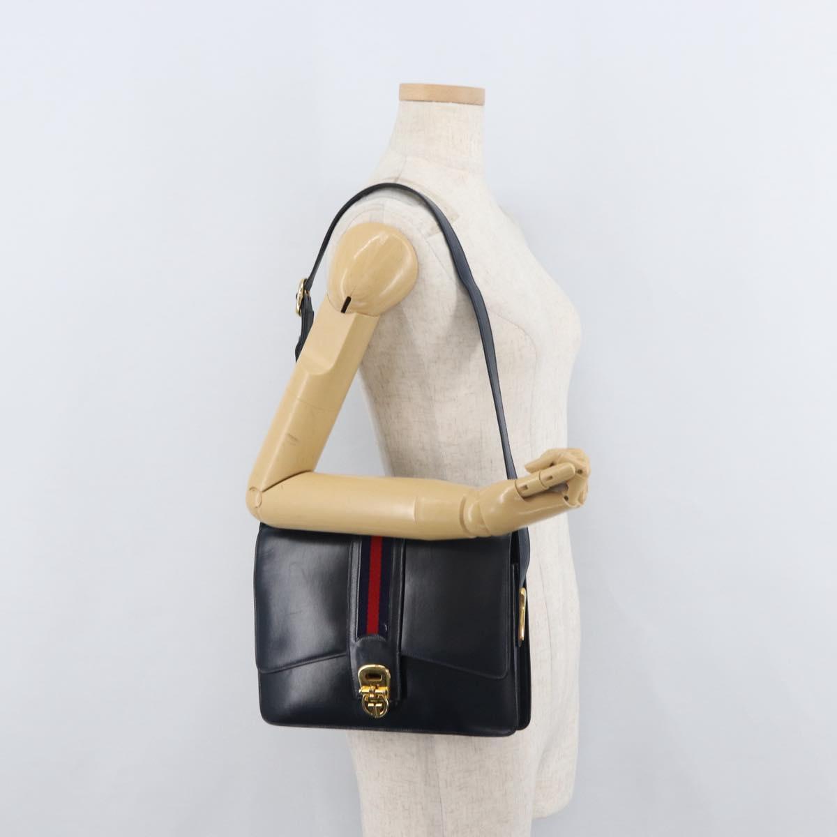 GUCCI Sherry Line Shoulder Bag Leather Navy Gold Auth 178242