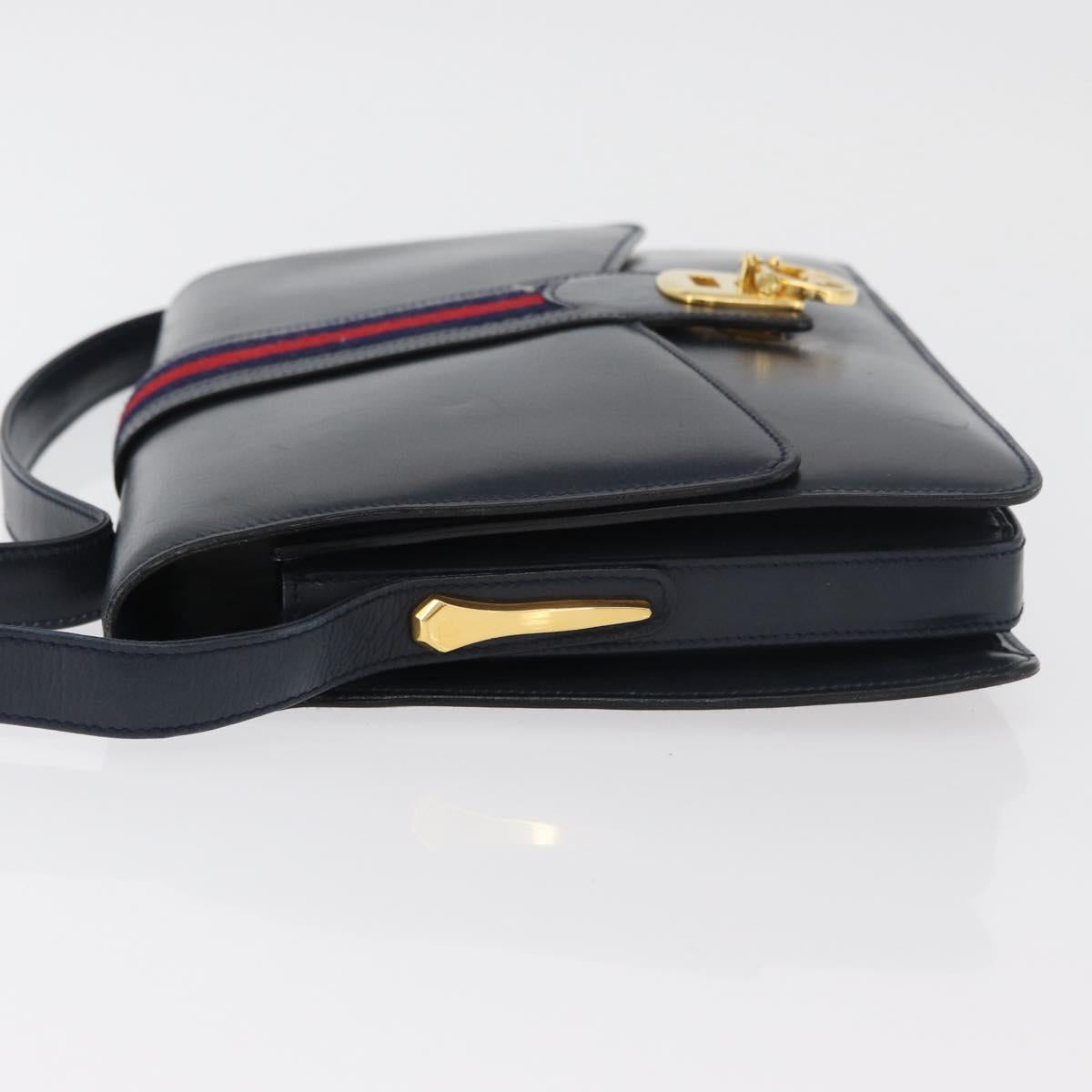GUCCI Sherry Line Shoulder Bag Leather Navy Gold Auth 178242