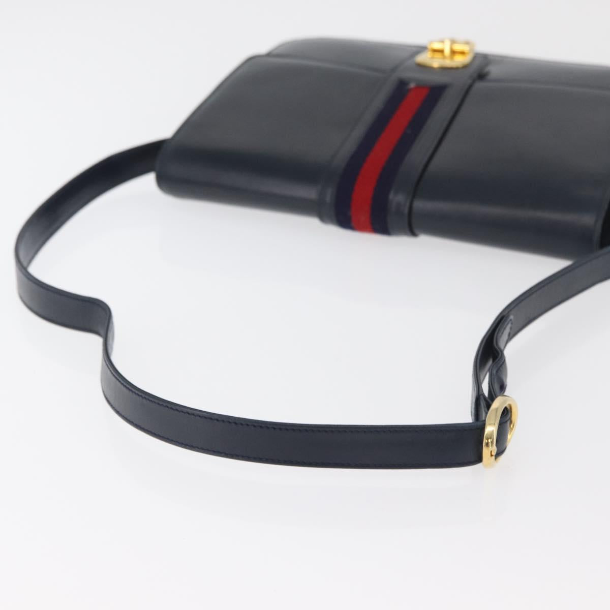 GUCCI Sherry Line Shoulder Bag Leather Navy Gold Auth 178242