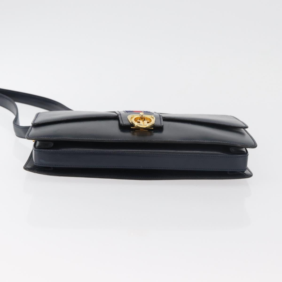 GUCCI Sherry Line Shoulder Bag Leather Navy Gold Auth 178242