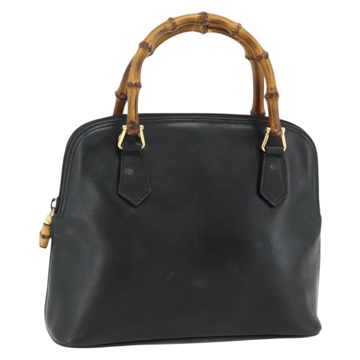 GUCCI Bamboo Hand Bag Leather Black Gold Auth 178255