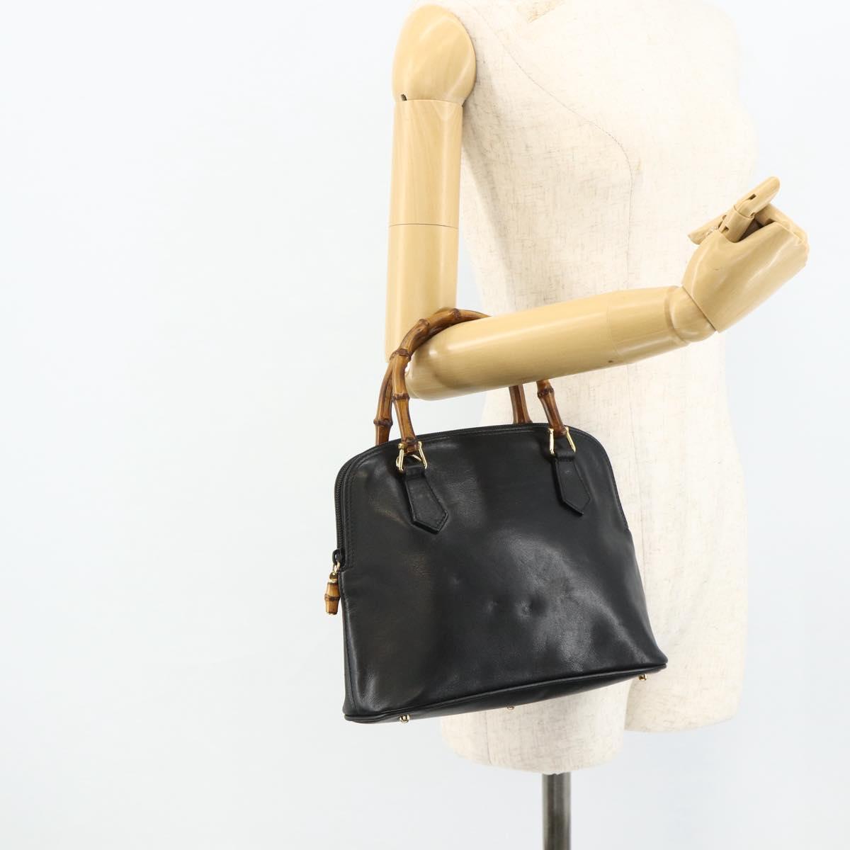 GUCCI Bamboo Hand Bag Leather Black Gold Auth 178255