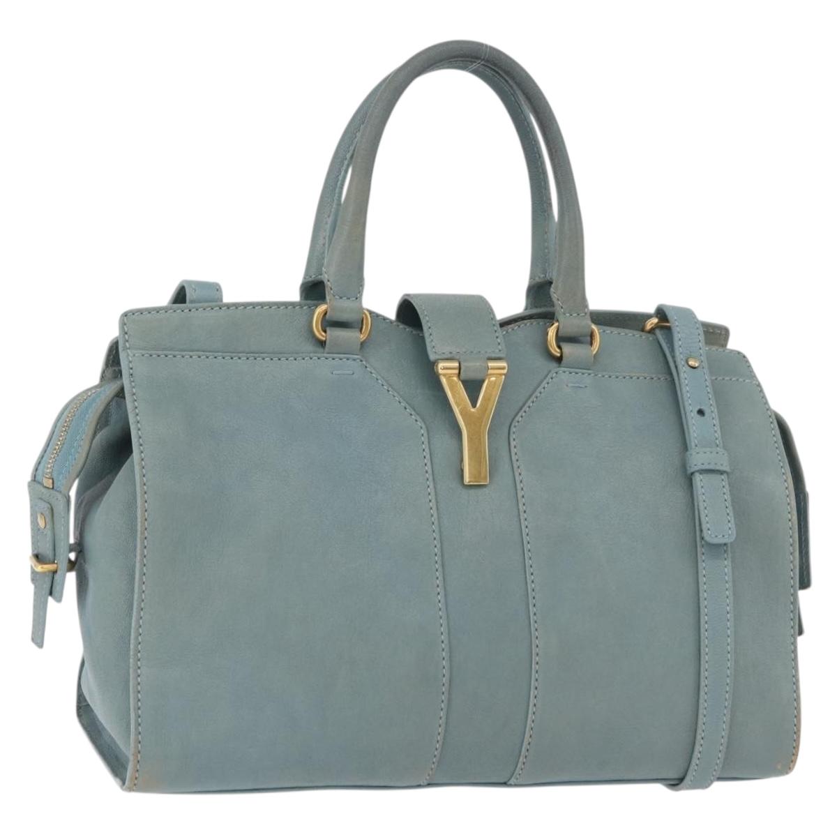 SAINT LAURENT Cavas Chic Hand Bag Leather 2way Light Blue Gold Auth 178268