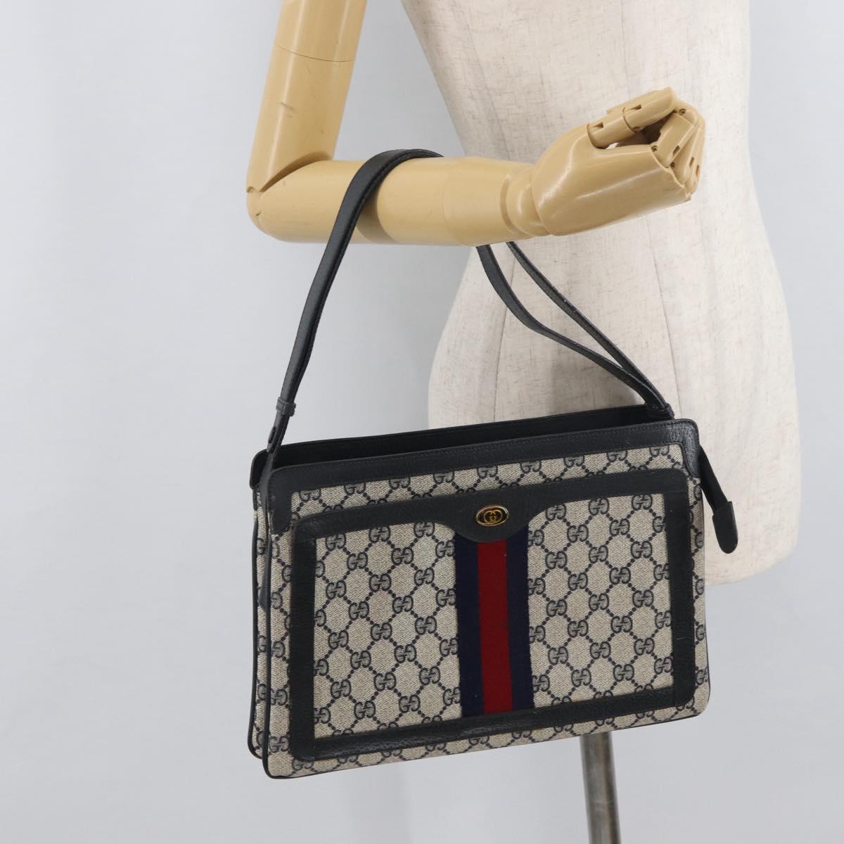 GUCCI GG Supreme Sherry Line Shoulder Bag PVC Navy Gold 14 02 013 Auth 178297