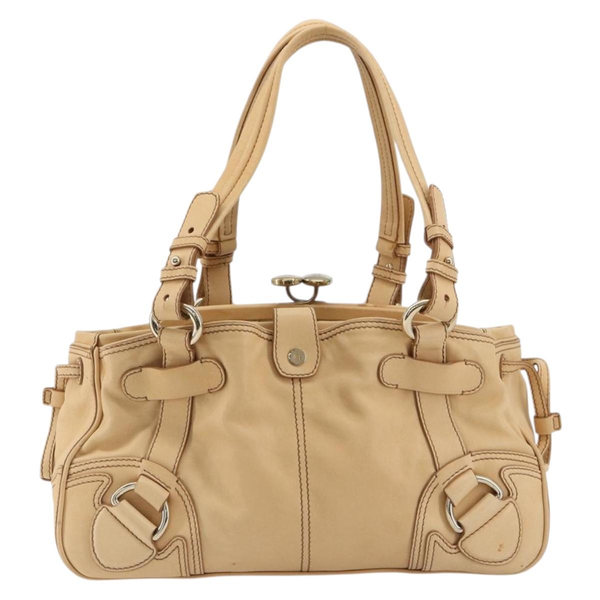 CELINE Hand Bag Leather Beige Gold Auth 178305A