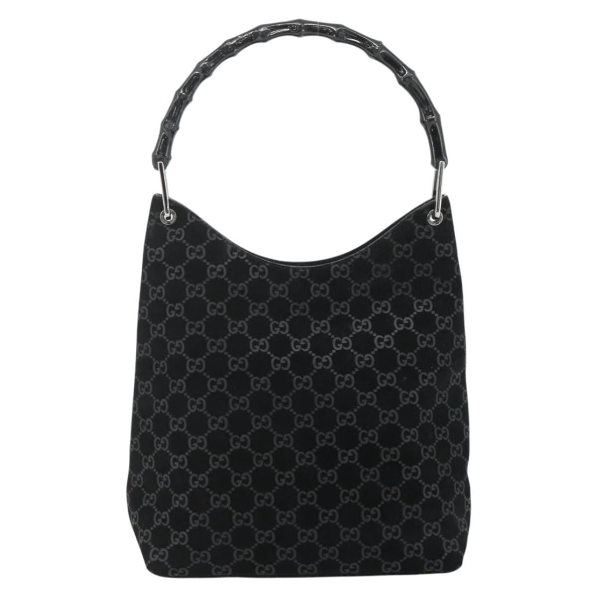GUCCI Bamboo GG Canvas Shoulder Bag Suede Black Silver 001 3006 Auth 178314