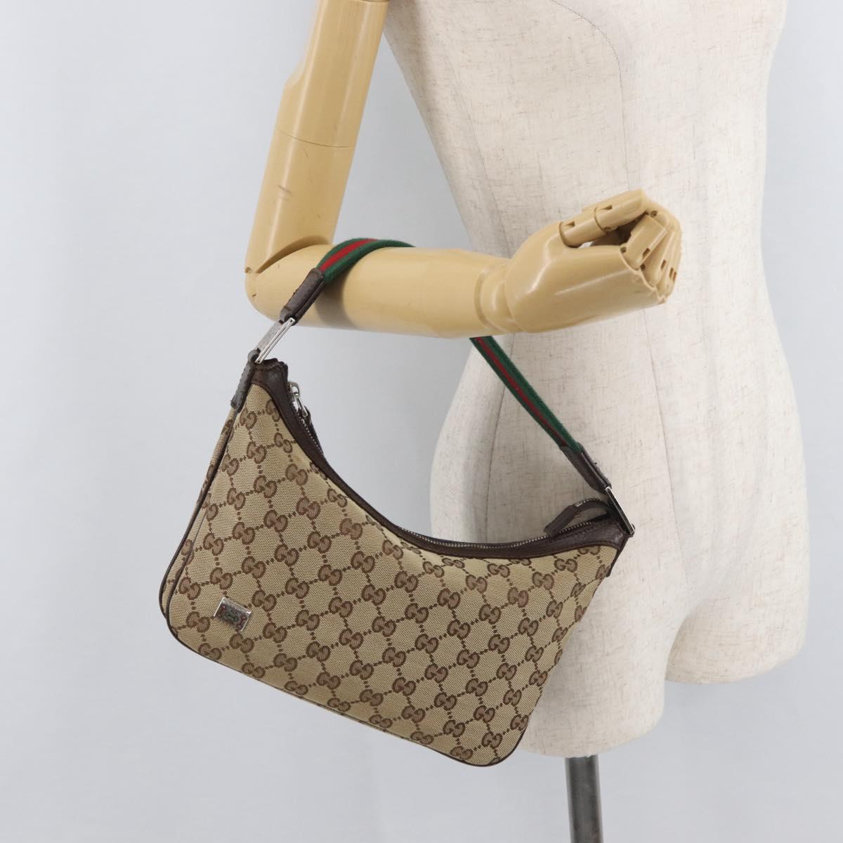 GUCCI GG Canvas Web Sherry Line Shoulder Bag Beige Silver 145812 Auth 178330A