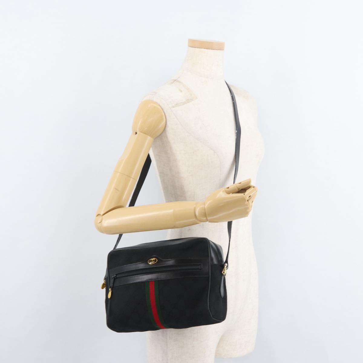 GUCCI GG Canvas Web Sherry Line Shoulder Bag Black Gold 001 4071 5 Auth 178333A