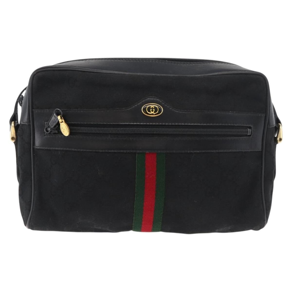 GUCCI GG Canvas Web Sherry Line Shoulder Bag Black Gold 001 4071 5 Auth 178333A