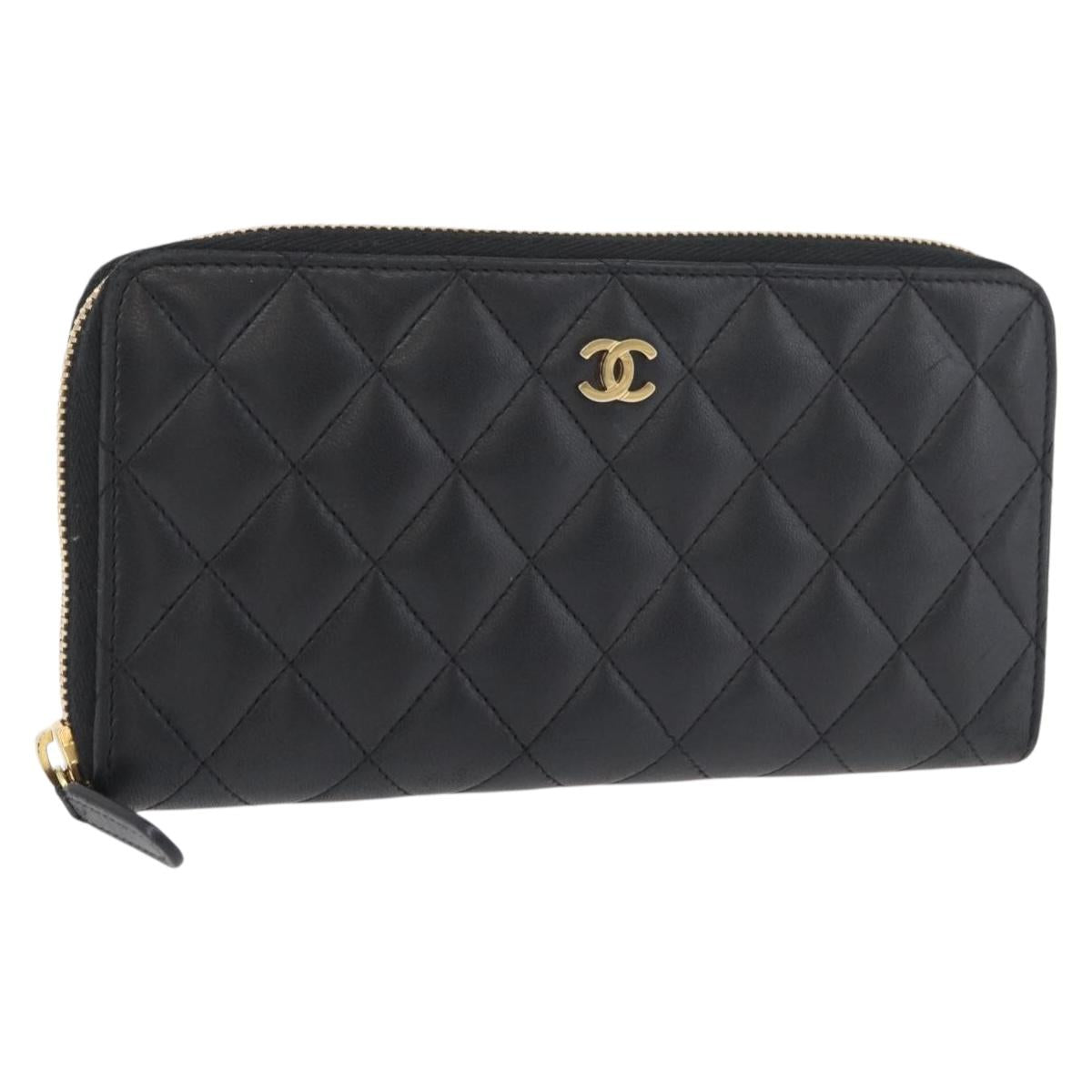 CHANEL Matelasse Long Wallet Lamb Skin Black Gold CC Auth 178384M