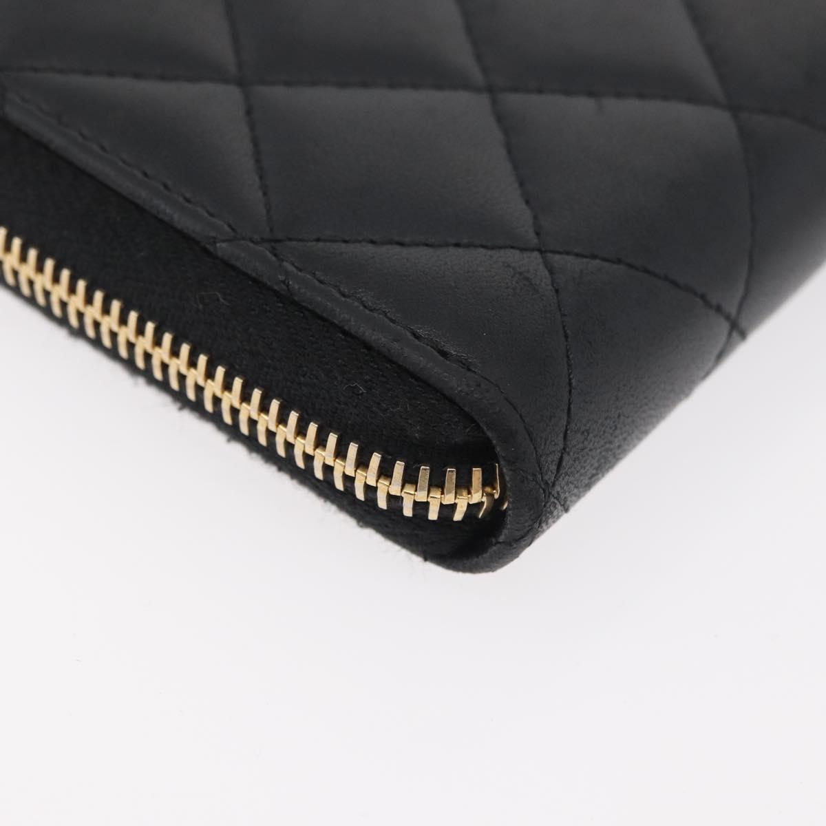 CHANEL Matelasse Long Wallet Lamb Skin Black Gold CC Auth 178384M