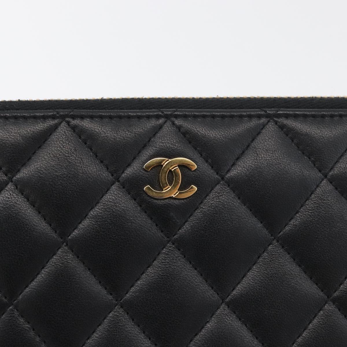 CHANEL Matelasse Long Wallet Lamb Skin Black Gold CC Auth 178384M