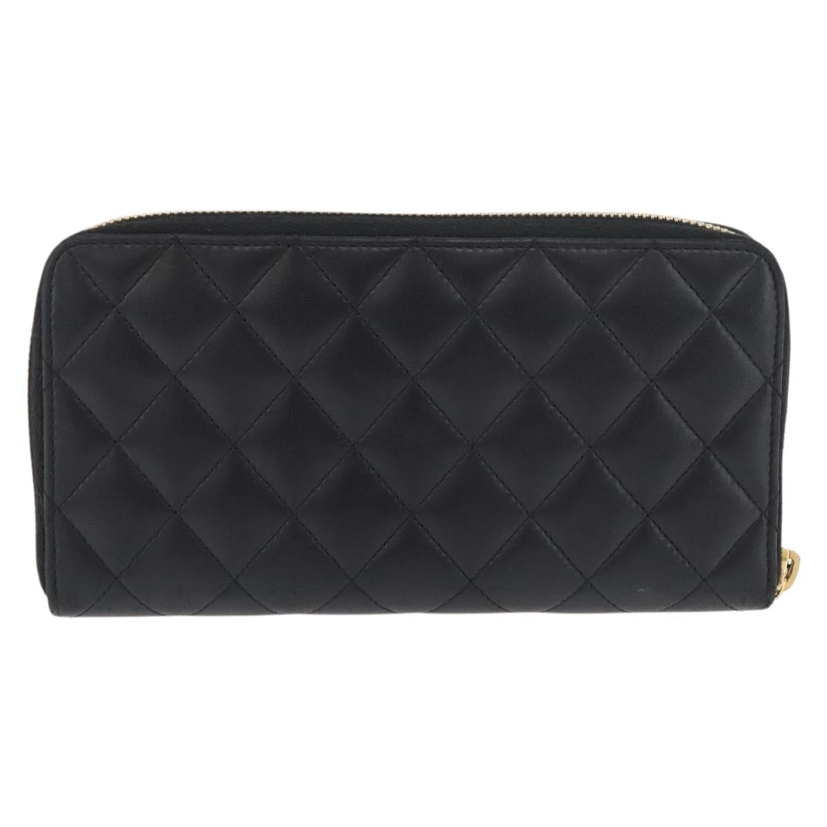 CHANEL Matelasse Long Wallet Lamb Skin Black Gold CC Auth 178384M
