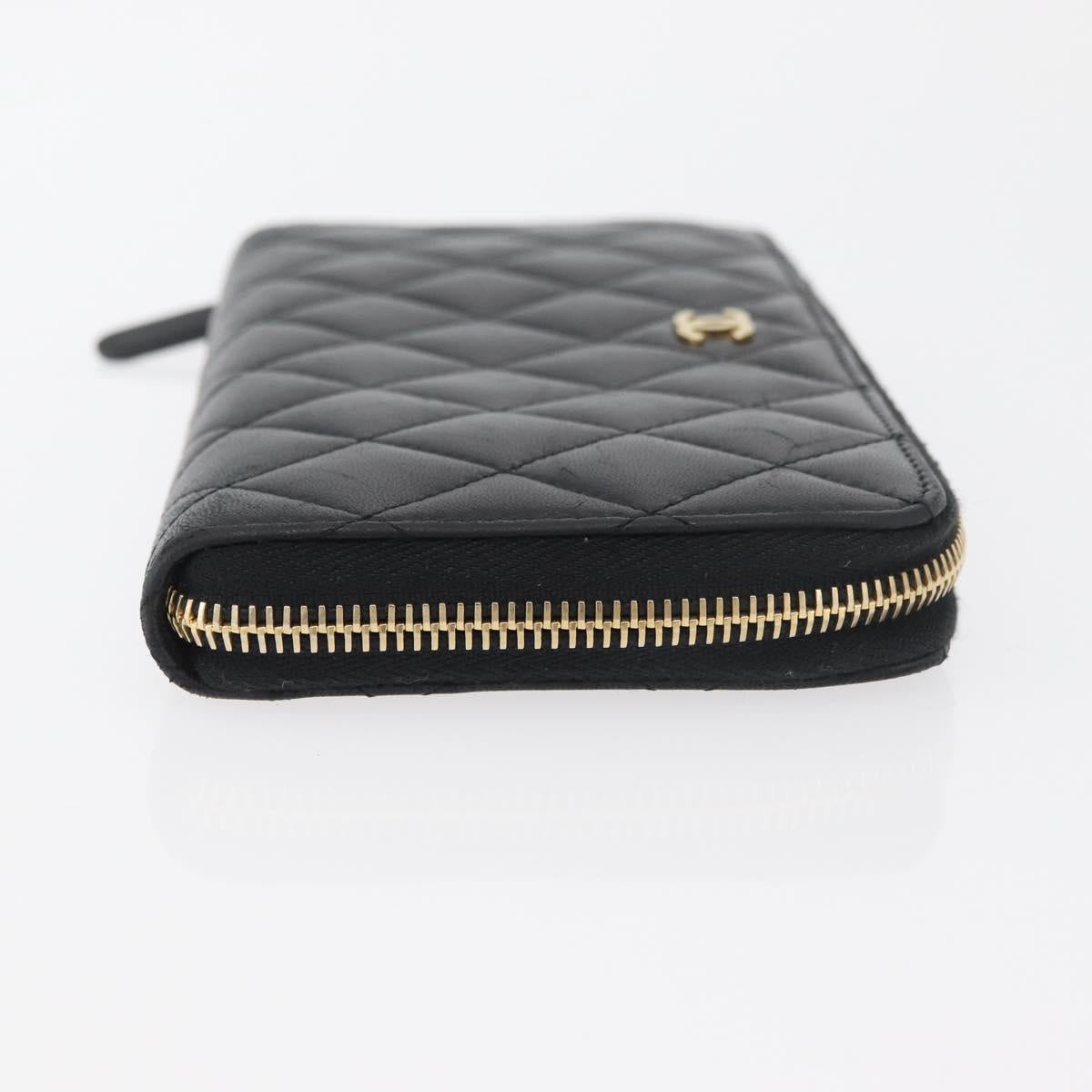 CHANEL Matelasse Long Wallet Lamb Skin Black Gold CC Auth 178384M