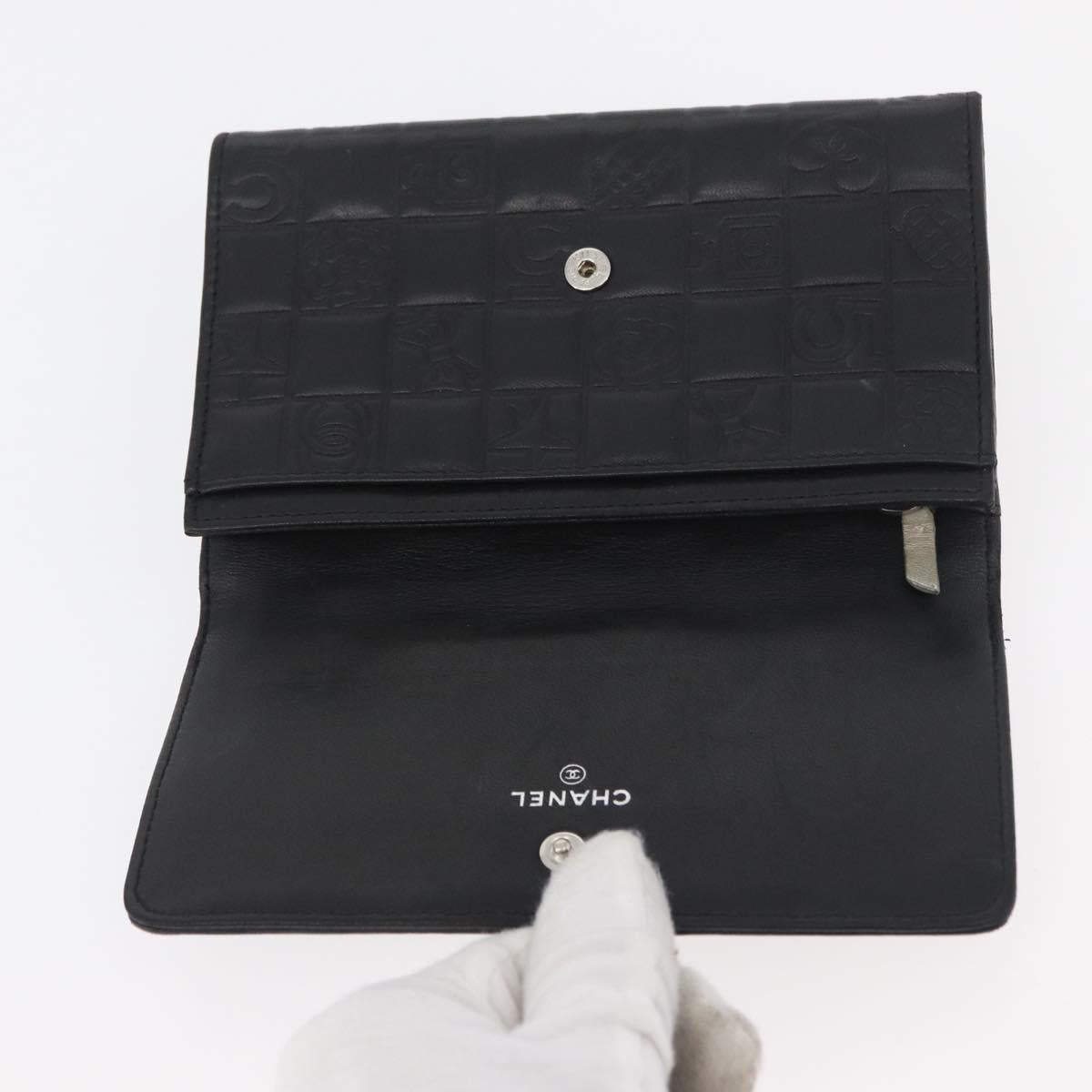 CHANEL Icon Line Wallet Lamb Skin Black Silver CC Auth 178385M
