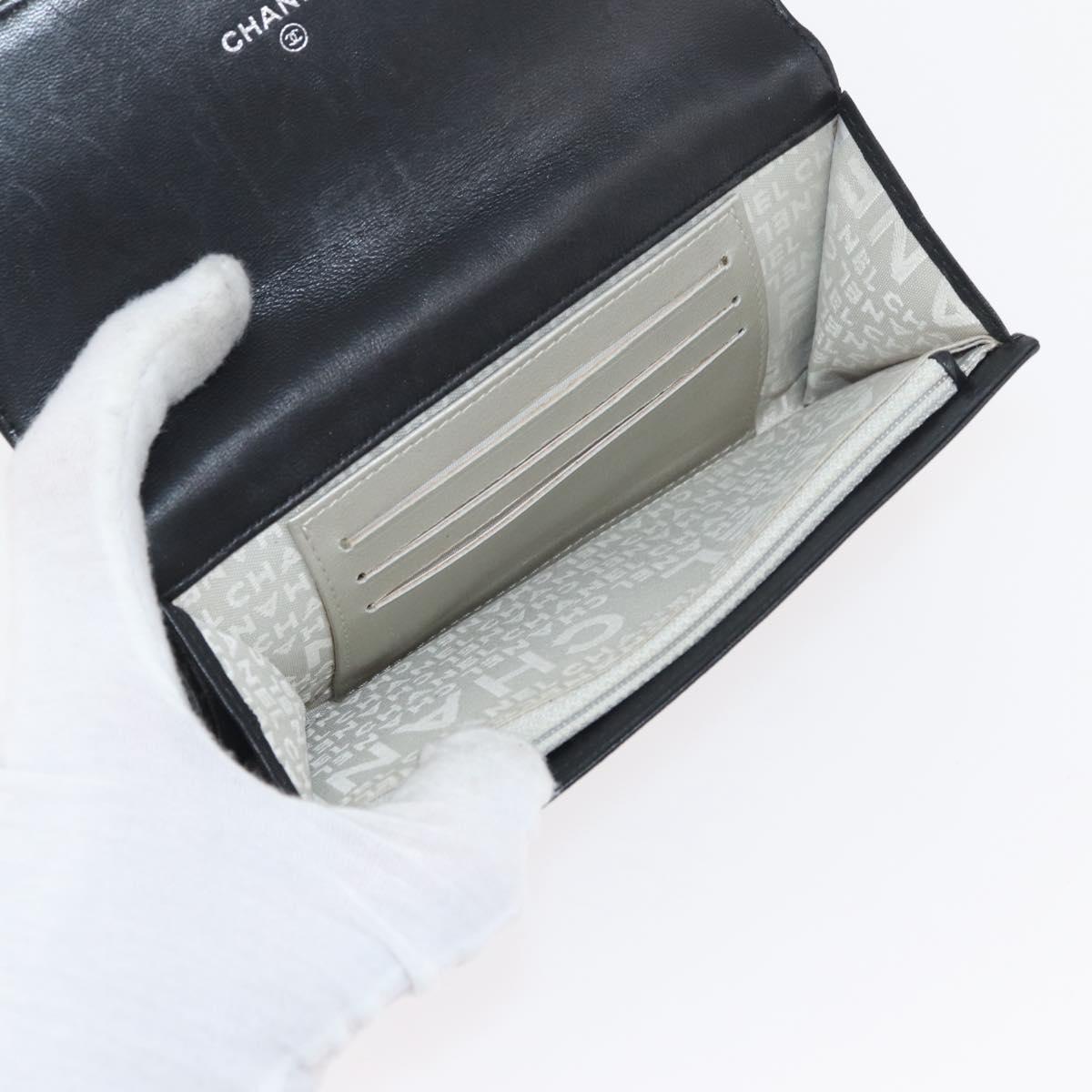 CHANEL Icon Line Wallet Lamb Skin Black Silver CC Auth 178385M