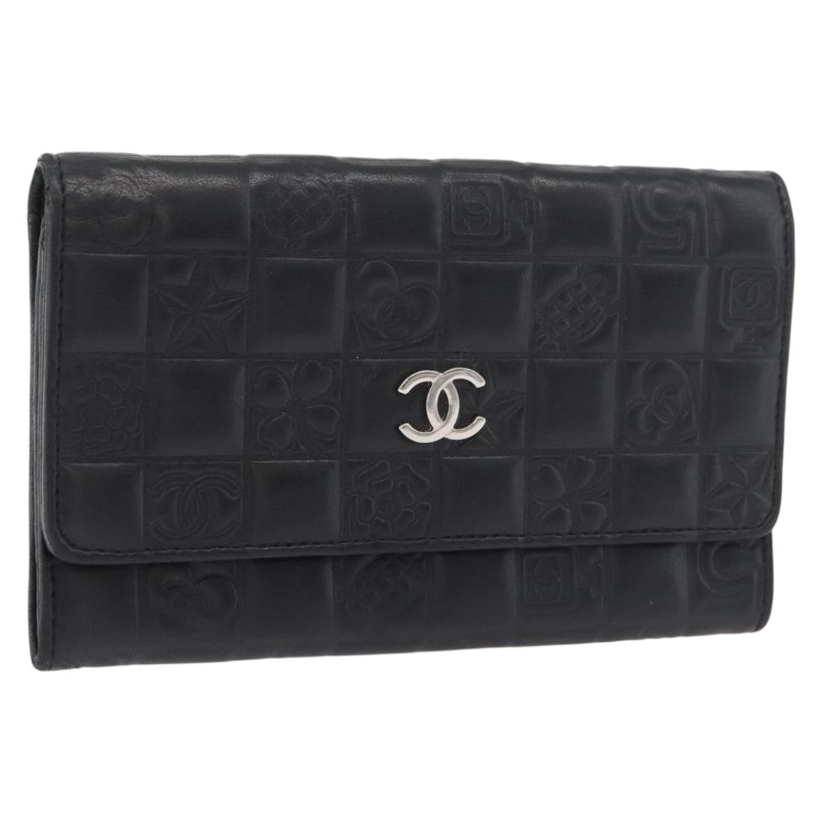 CHANEL Icon Line Wallet Lamb Skin Black Silver CC Auth 178385M