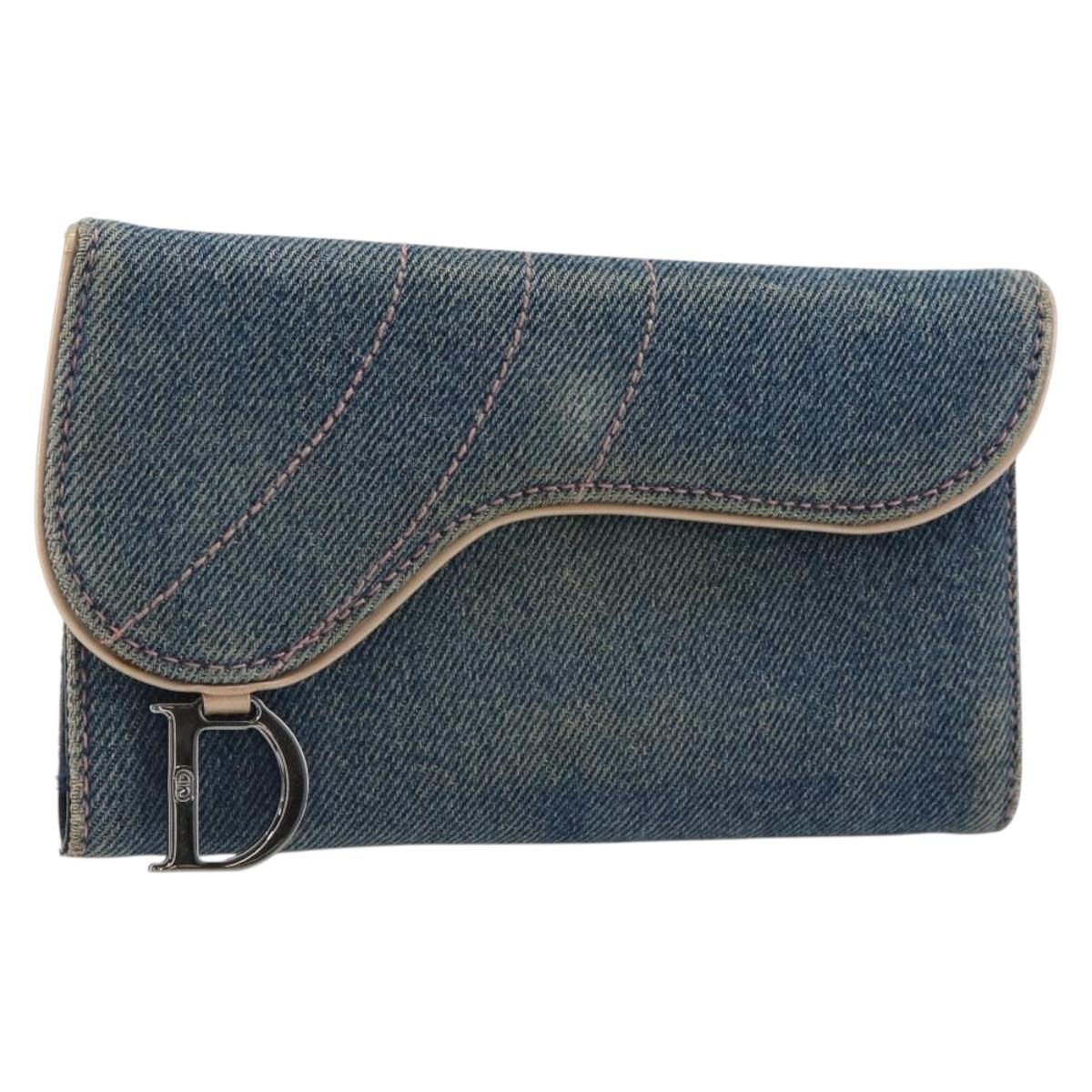 Christian Dior Wallet Denim Blue Silver Auth 178407