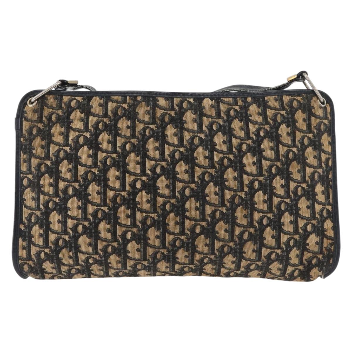 Christian Dior Trotter Canvas Shoulder Bag Navy Gold Auth 178491