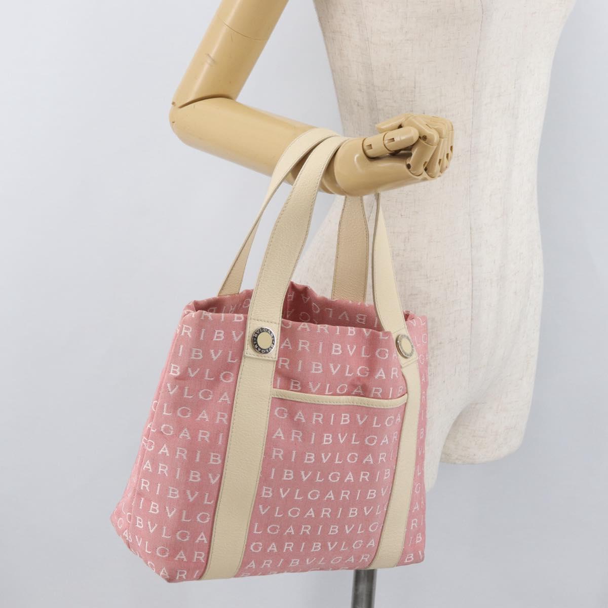 BVLGARI Logo Mania Hand Bag Canvas Pink Silver Auth 178503A