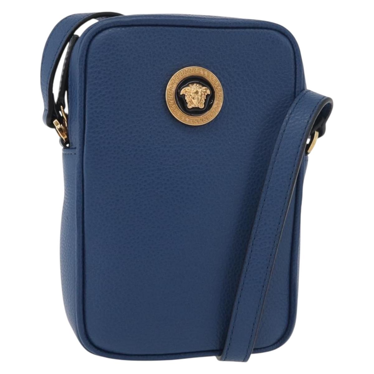 VERSACE Shoulder Bag Leather Blue Gold Auth 178510A