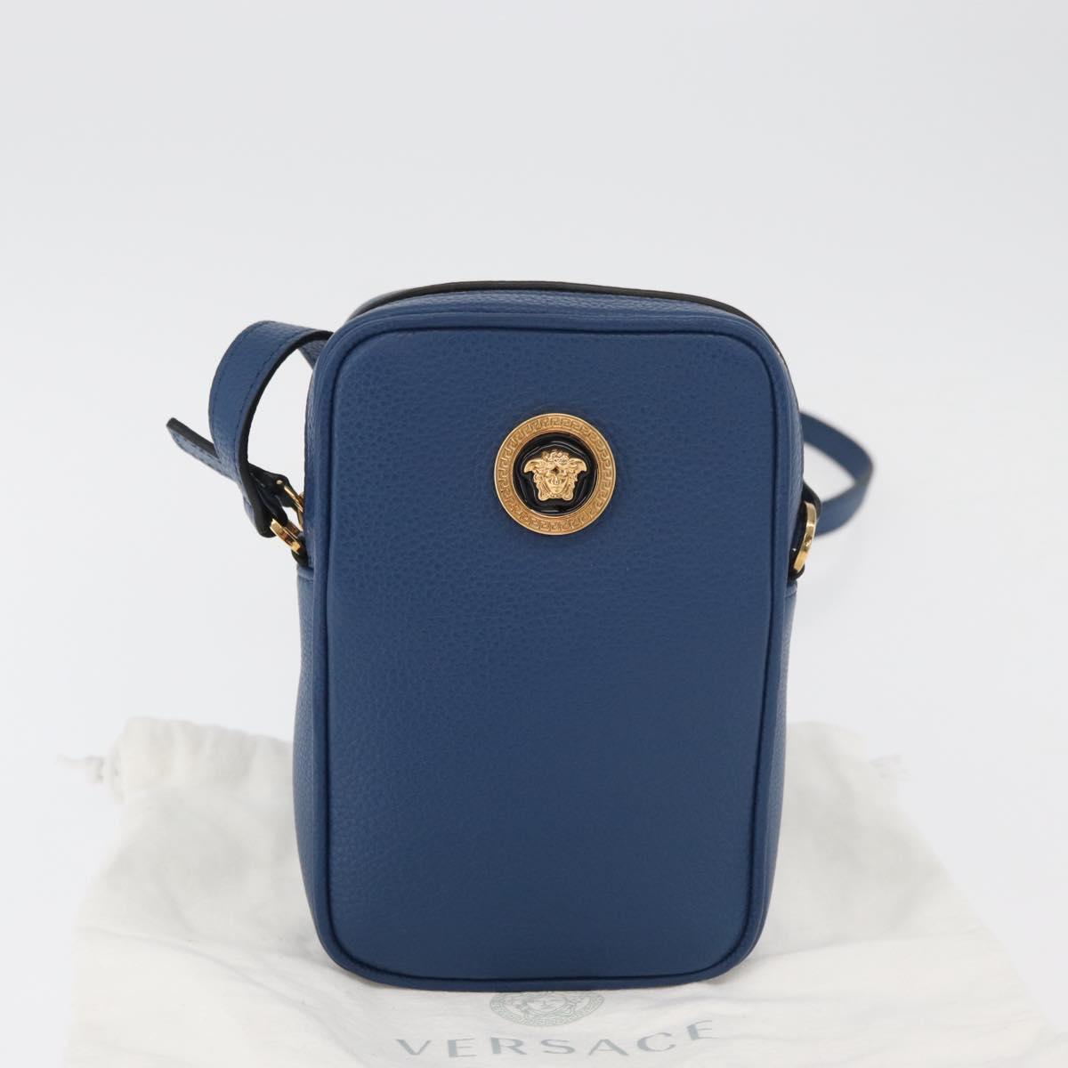VERSACE Shoulder Bag Leather Blue Gold Auth 178510A