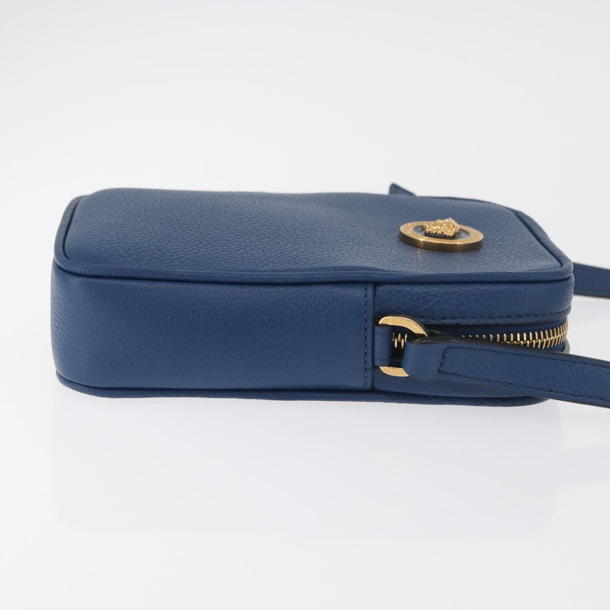VERSACE Shoulder Bag Leather Blue Gold Auth 178510A