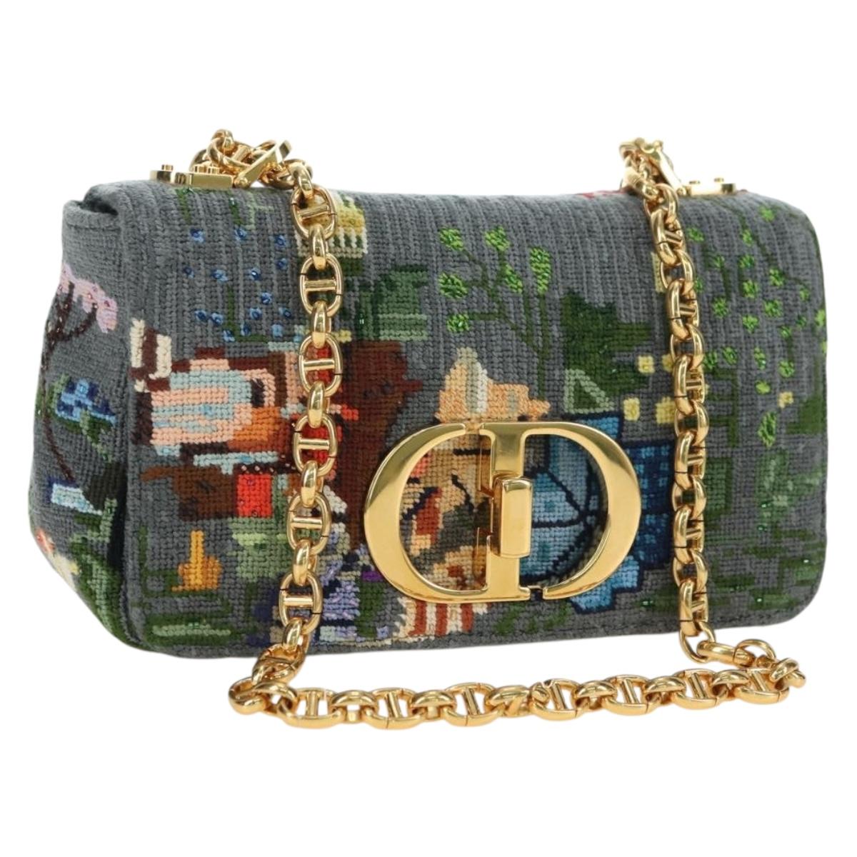 Christian Dior Caro Chain Shoulder Bag Canvas Gray Gold Auth 178529SAM