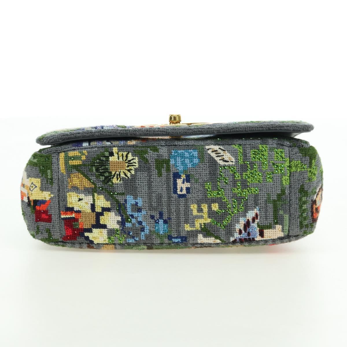 Christian Dior Caro Chain Shoulder Bag Canvas Gray Gold Auth 178529SAM