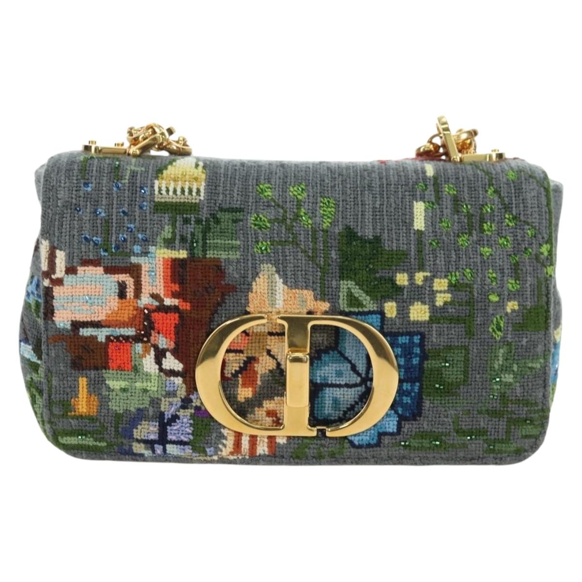 Christian Dior Caro Chain Shoulder Bag Canvas Gray Gold Auth 178529SAM