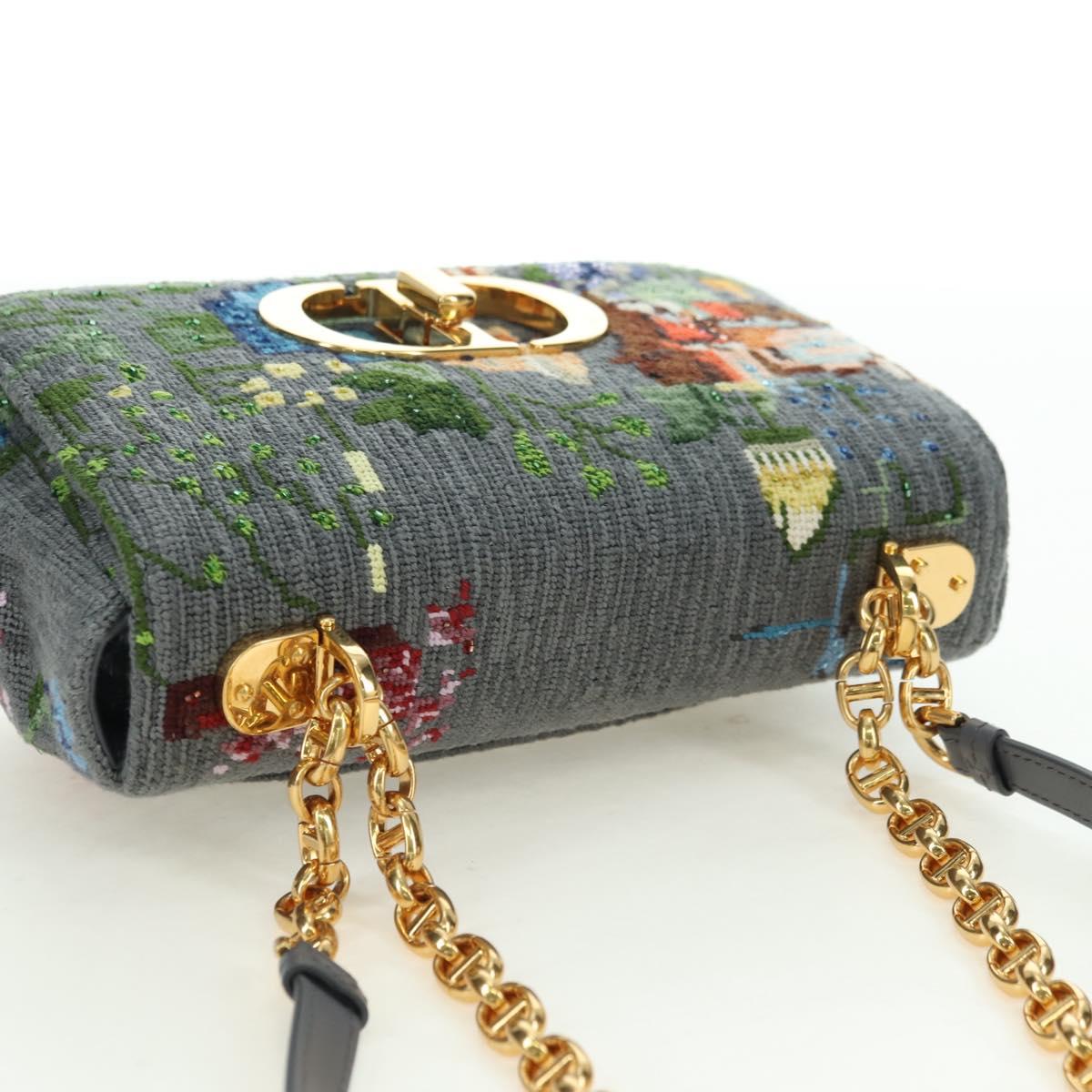 Christian Dior Caro Chain Shoulder Bag Canvas Gray Gold Auth 178529SAM