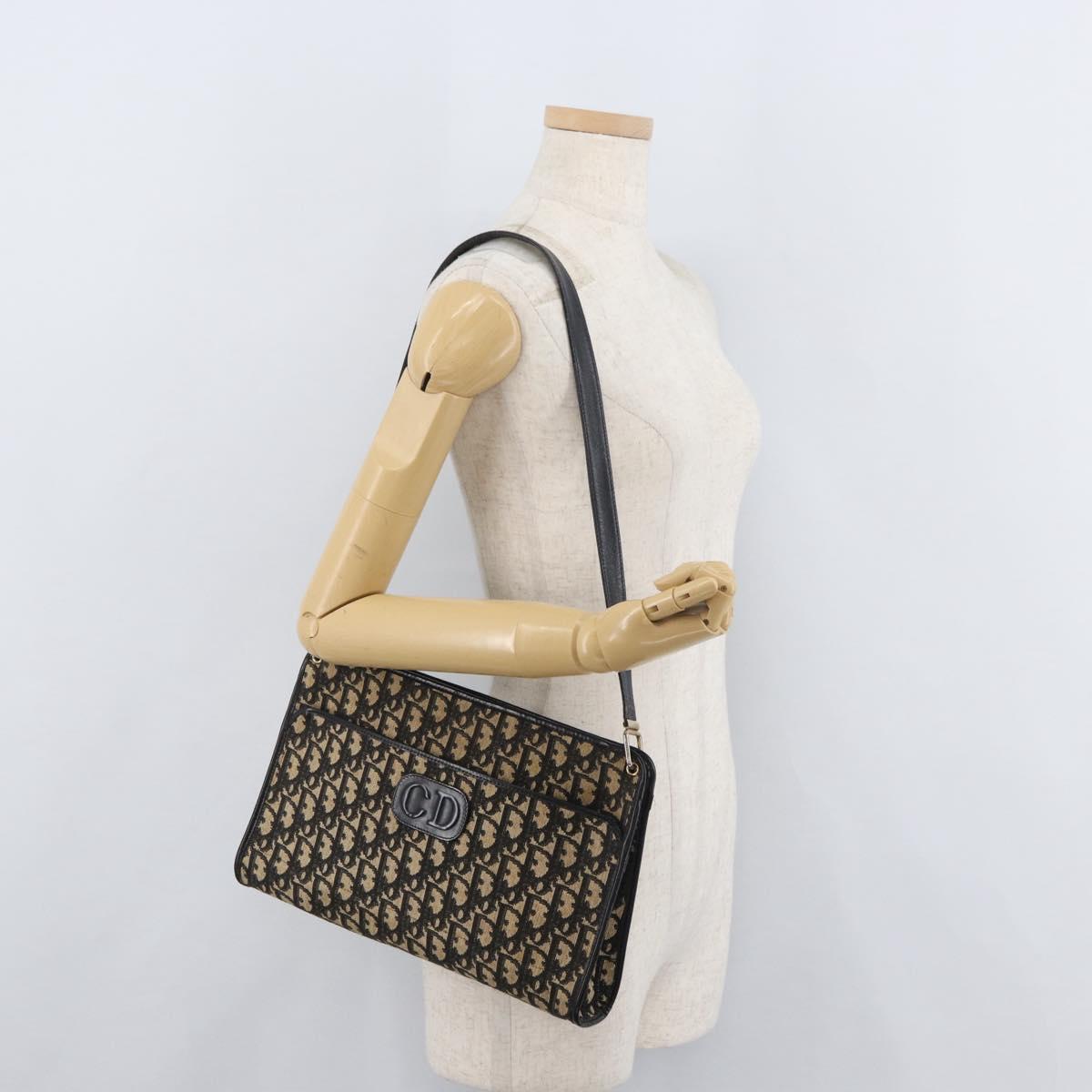 Christian Dior Trotter Canvas Shoulder Bag Navy Gold Auth 178534