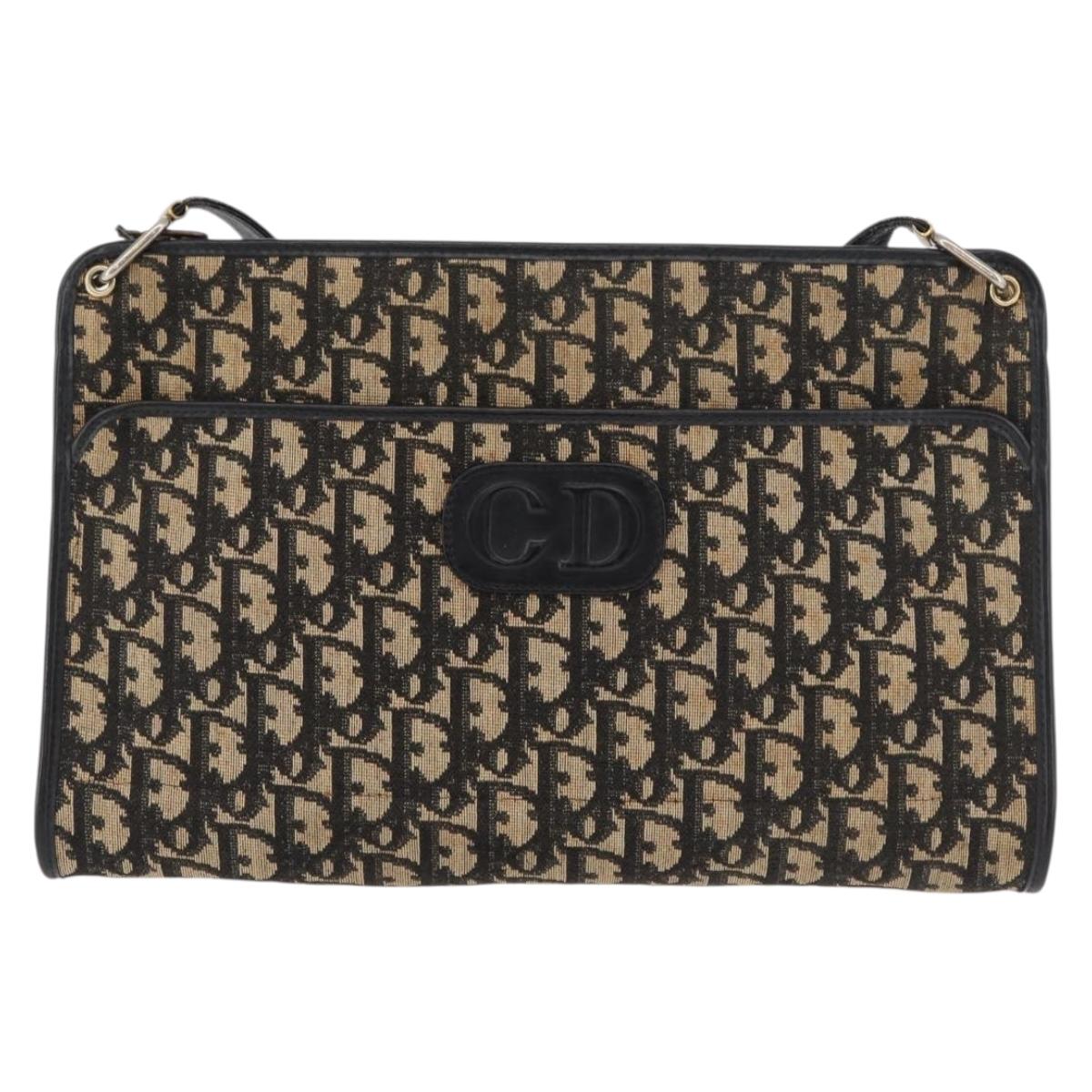 Christian Dior Trotter Canvas Shoulder Bag Navy Gold Auth 178534