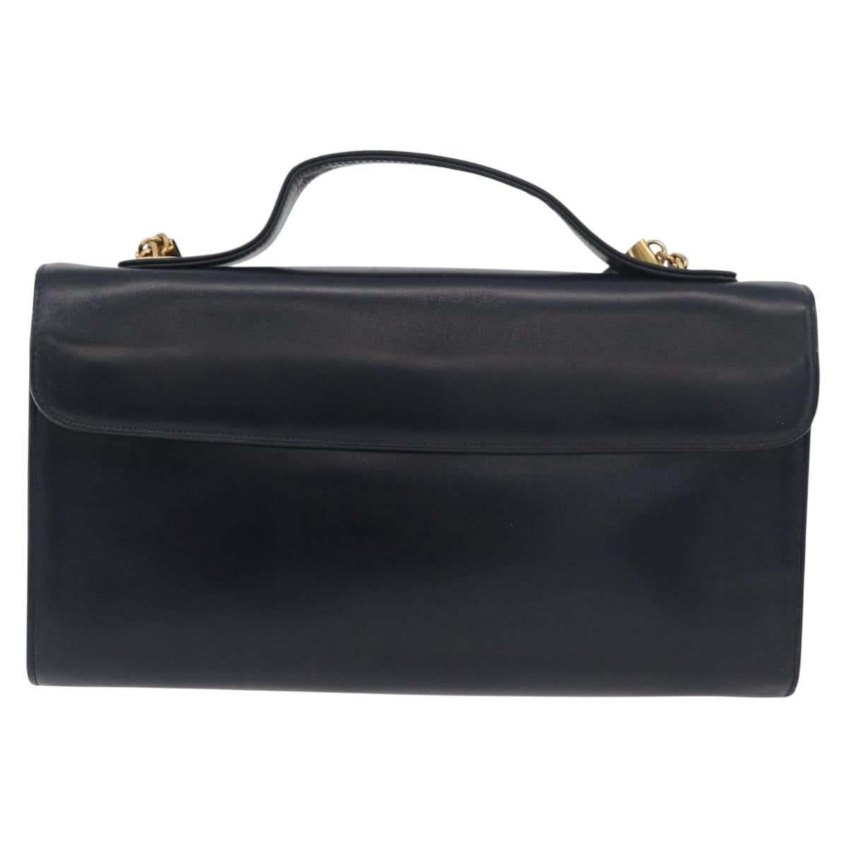 Christian Dior Hand Bag Calf Skin 2way Navy Gold Auth 178542A