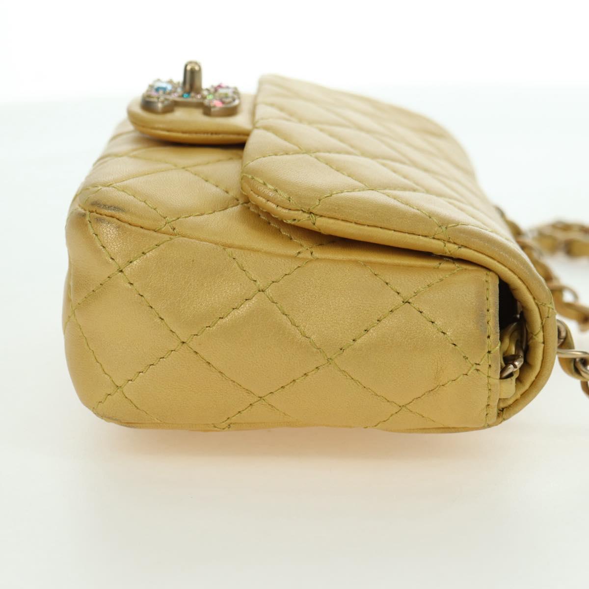 CHANEL Mini Matelasse 16 Chain Bag Lamb Skin Yellow Gold CC Auth 178543SAV