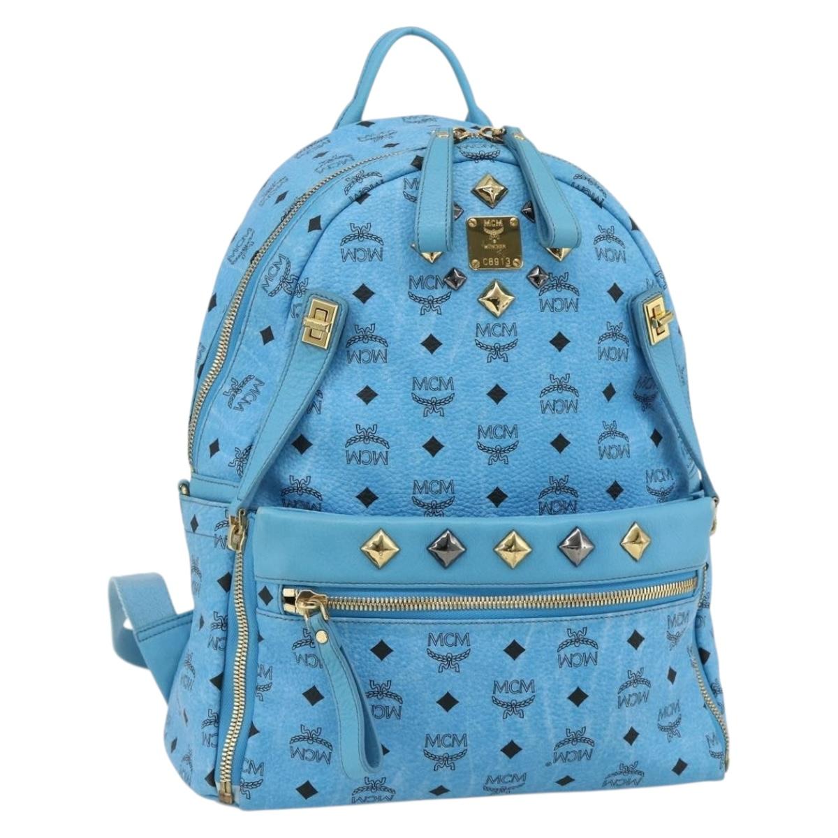 MCM Vicetos Logogram Backpack PVC Light Blue Gold Auth 178560