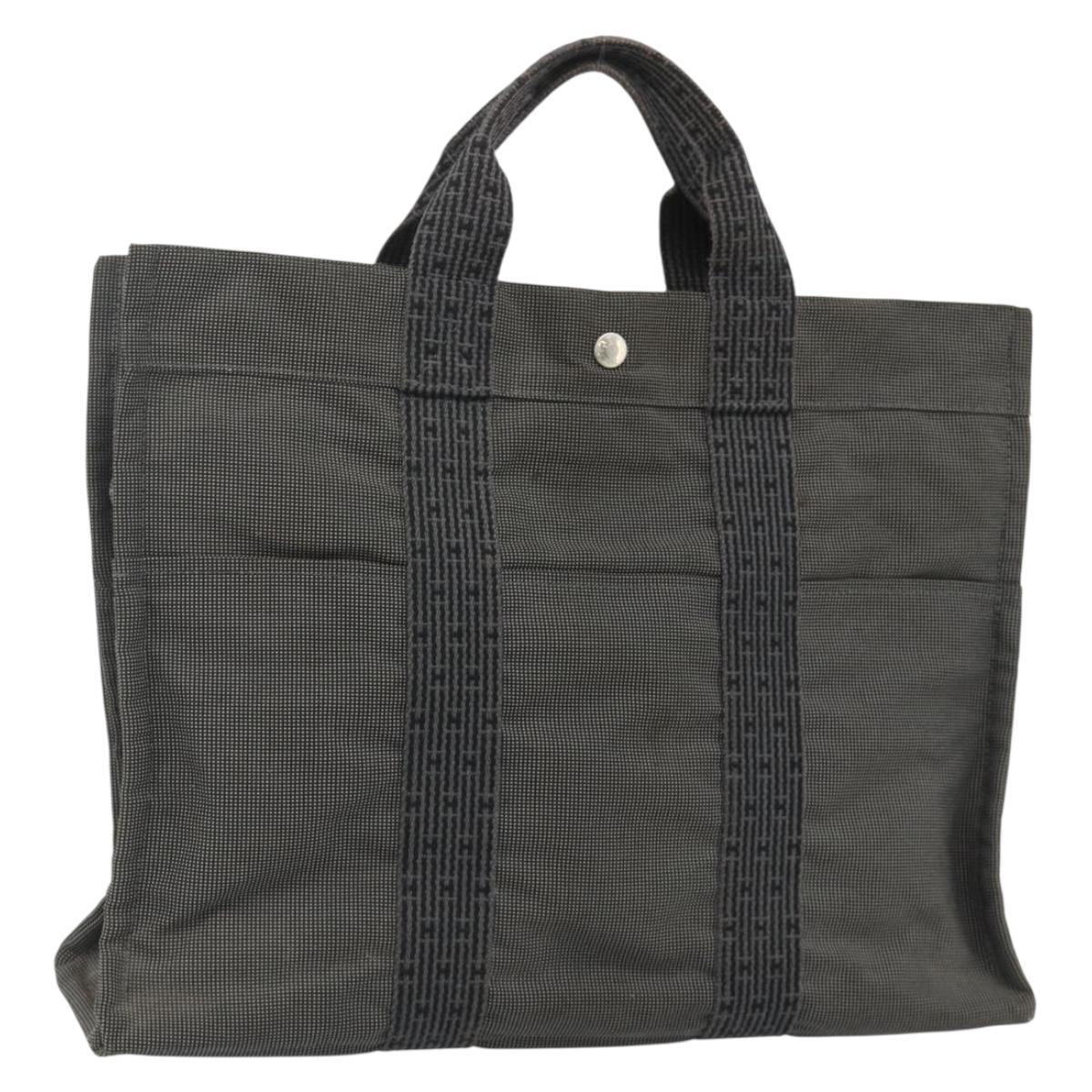 HERMES Her Line MM Hand Bag Canvas Gray Silver Auth 178570