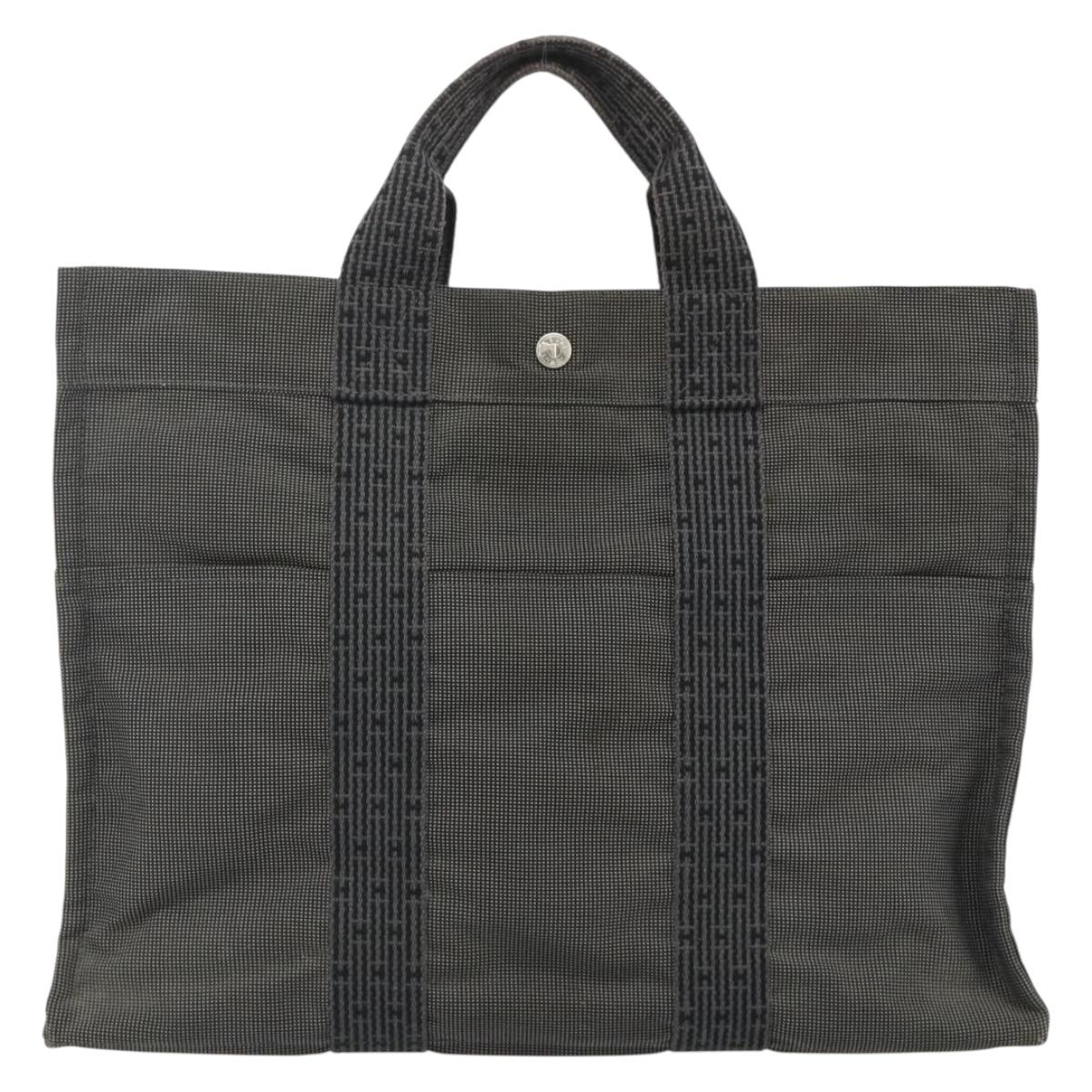 HERMES Her Line MM Hand Bag Canvas Gray Silver Auth 178570