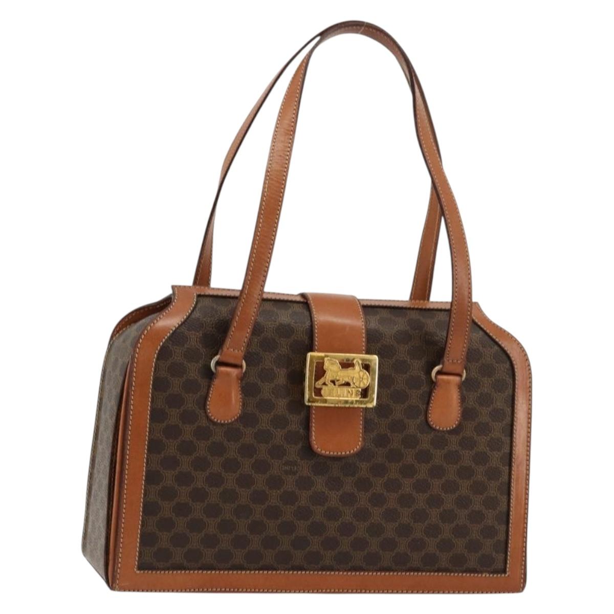 CELINE Macadam Canvas Hand Bag PVC Leather Brown Gold Auth 178576A