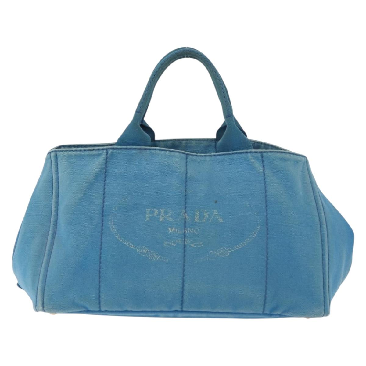 PRADA Canapa MM Hand Bag Canvas Light Blue Gold Auth 178585