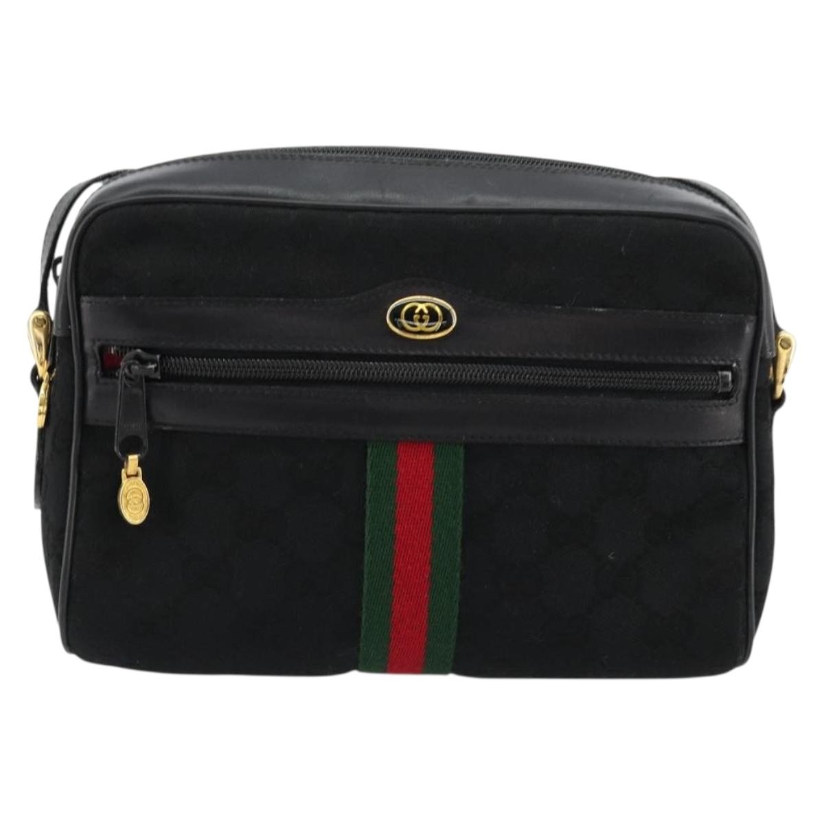 GUCCI GG Canvas Web Sherry Line Shoulder Bag Black Red Green Auth 178590A