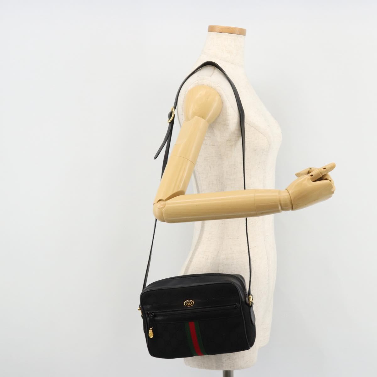 GUCCI GG Canvas Web Sherry Line Shoulder Bag Black Red Green Auth 178590A