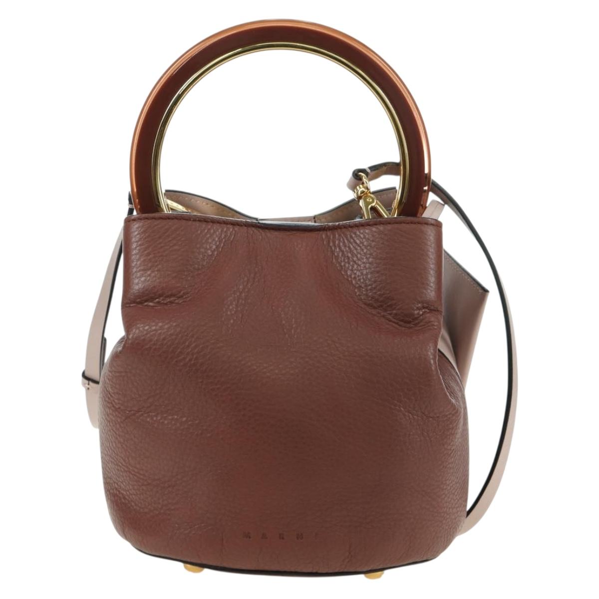 MARNI Panniers Hand Bag Leather 2way Beige Gold Auth 178605V
