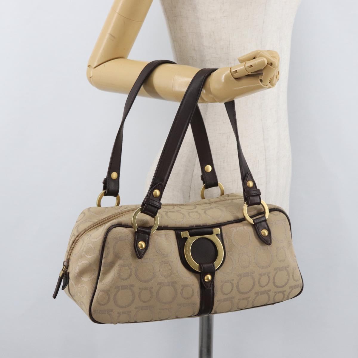 Salvatore Ferragamo Gancini Hand Bag Canvas Beige Gold Auth 178645A