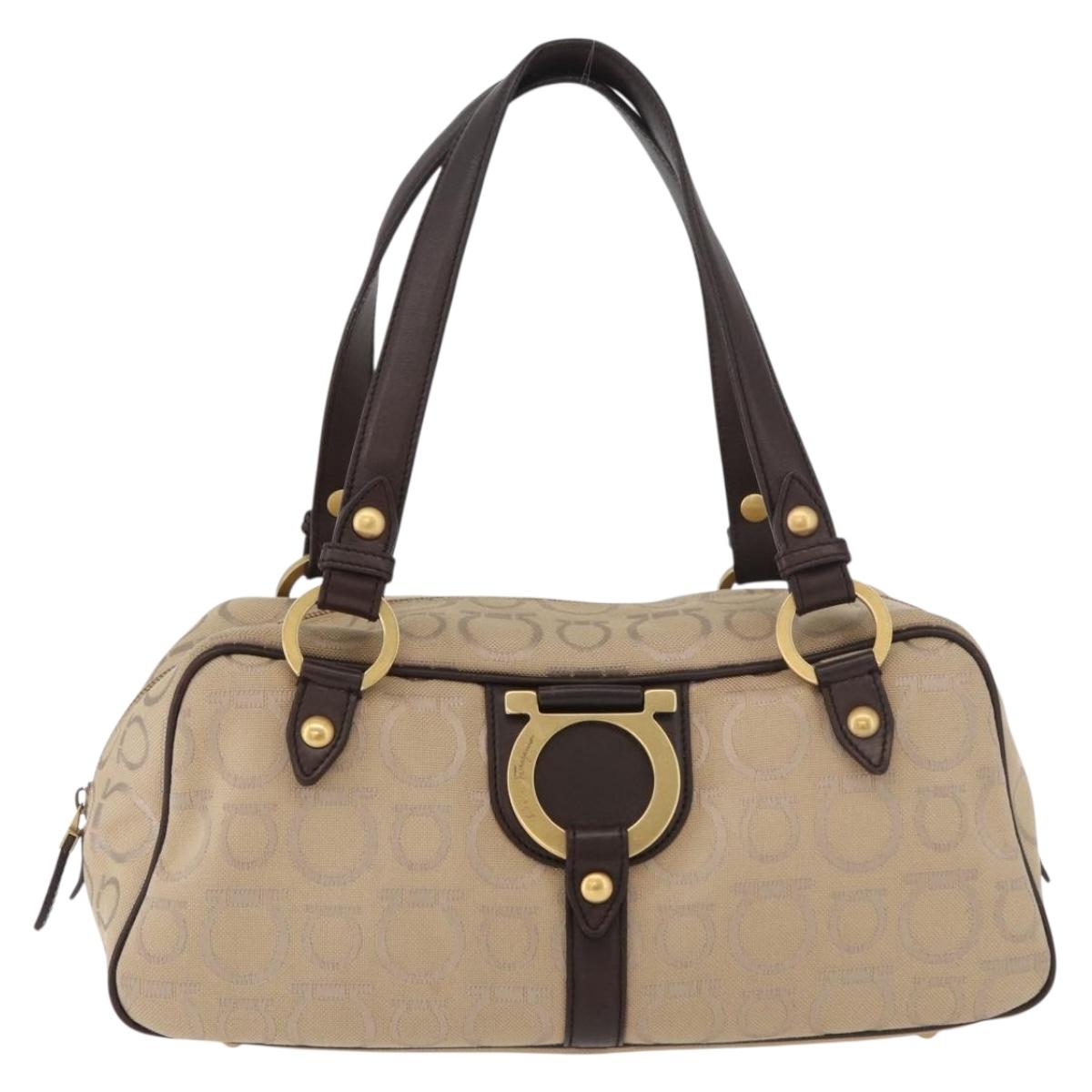 Salvatore Ferragamo Gancini Hand Bag Canvas Beige Gold Auth 178645A