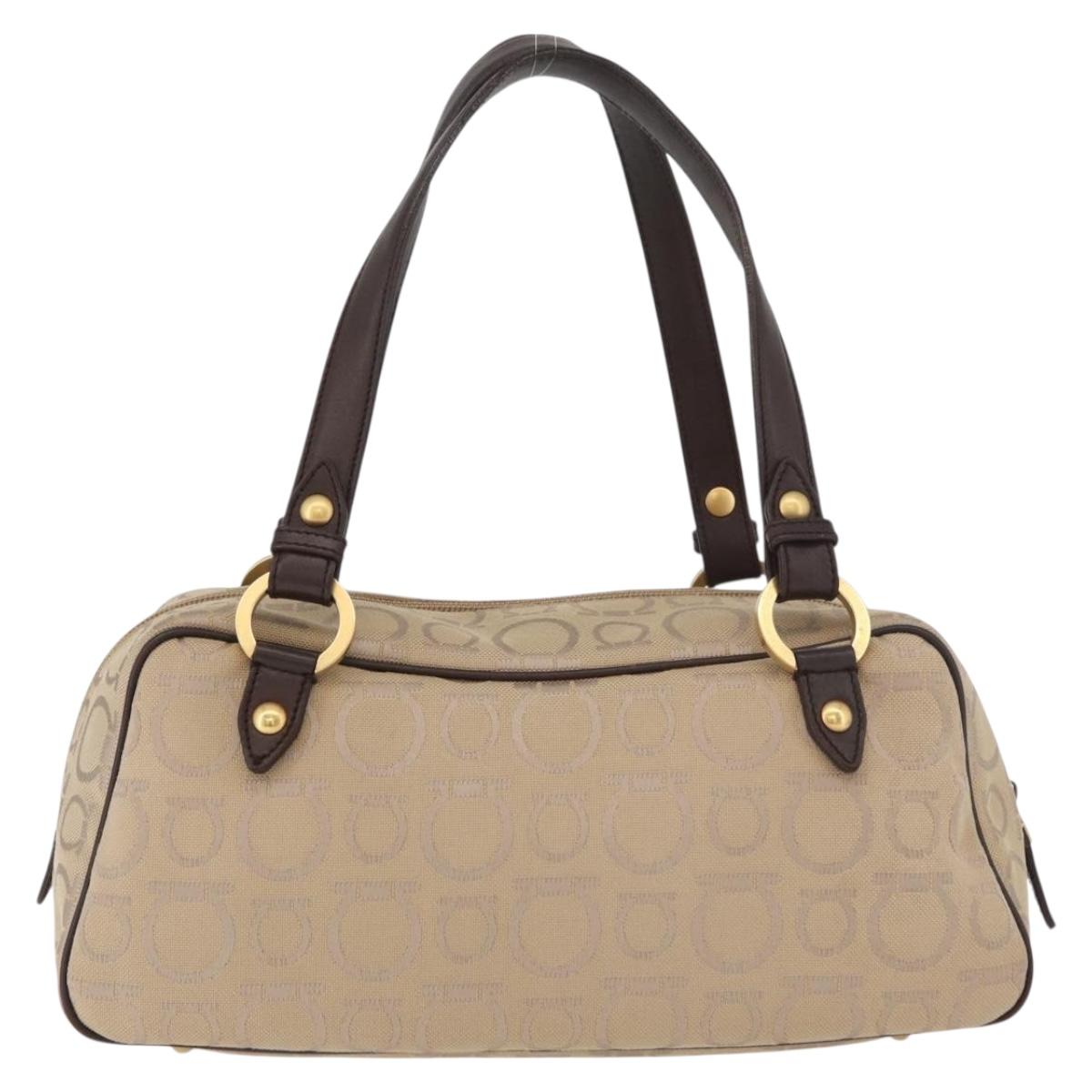 Salvatore Ferragamo Gancini Hand Bag Canvas Beige Gold Auth 178645A