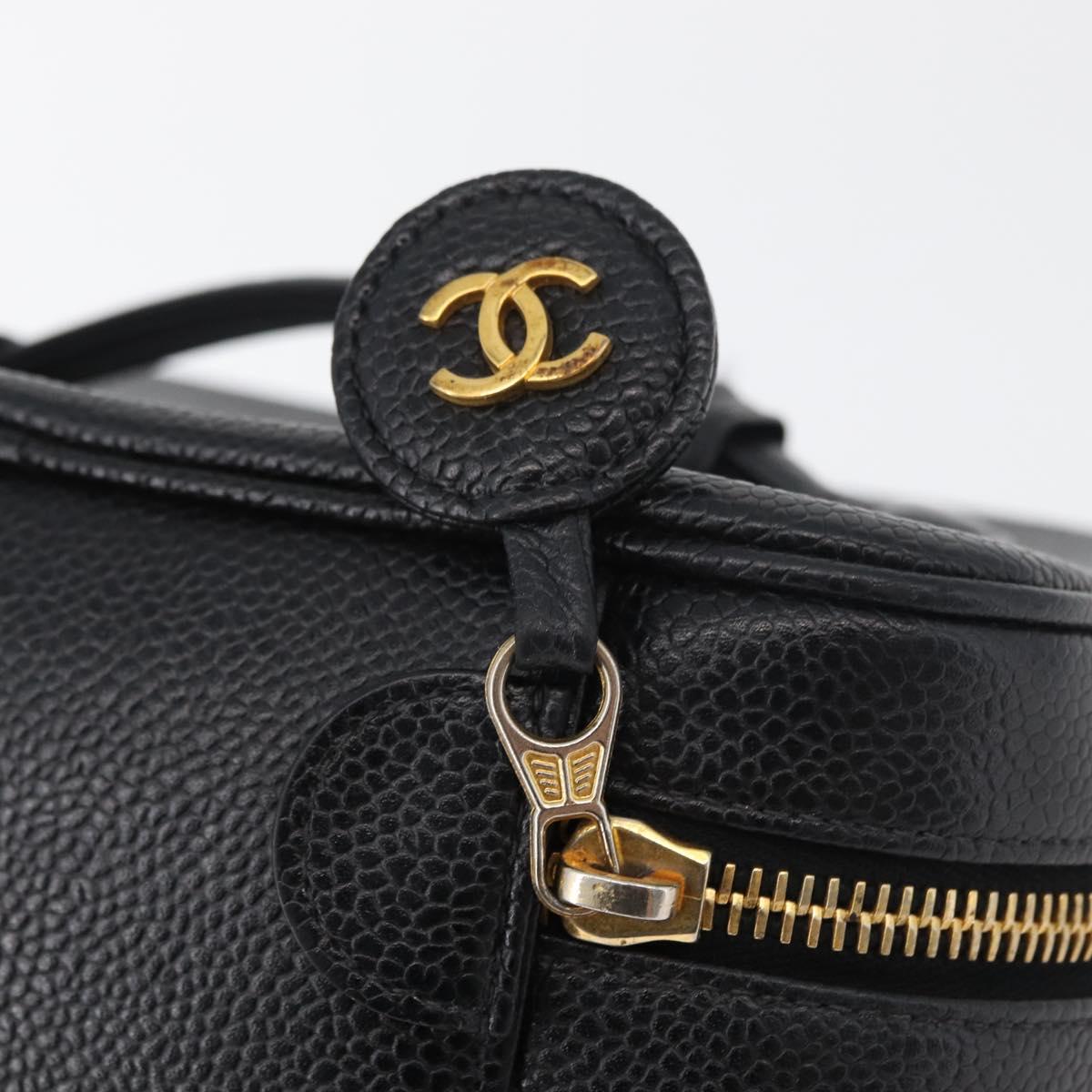 CHANEL COCO Mark Vanity Hand Bag Caviar Skin Black Gold CC Auth 178691